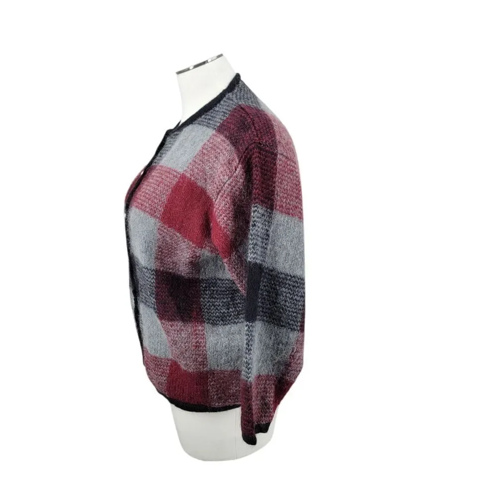 Dressbarn Mohair Blend Plaid Knit Cardigan in Red and Gray Vintage